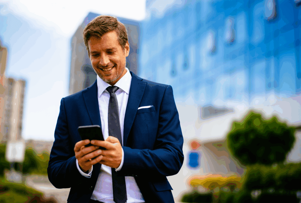 Male walking outside an office building. He has dark hair, and is wearing a blue suit with white shirt. He has his phone in his hands and is looking down and smiling at this.